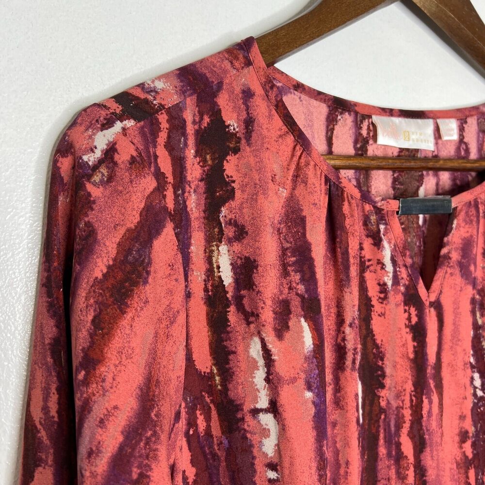 Belle by Kim Gravel Red Abstract Print Tunic Top M Bell Sleeves Bold Artistic